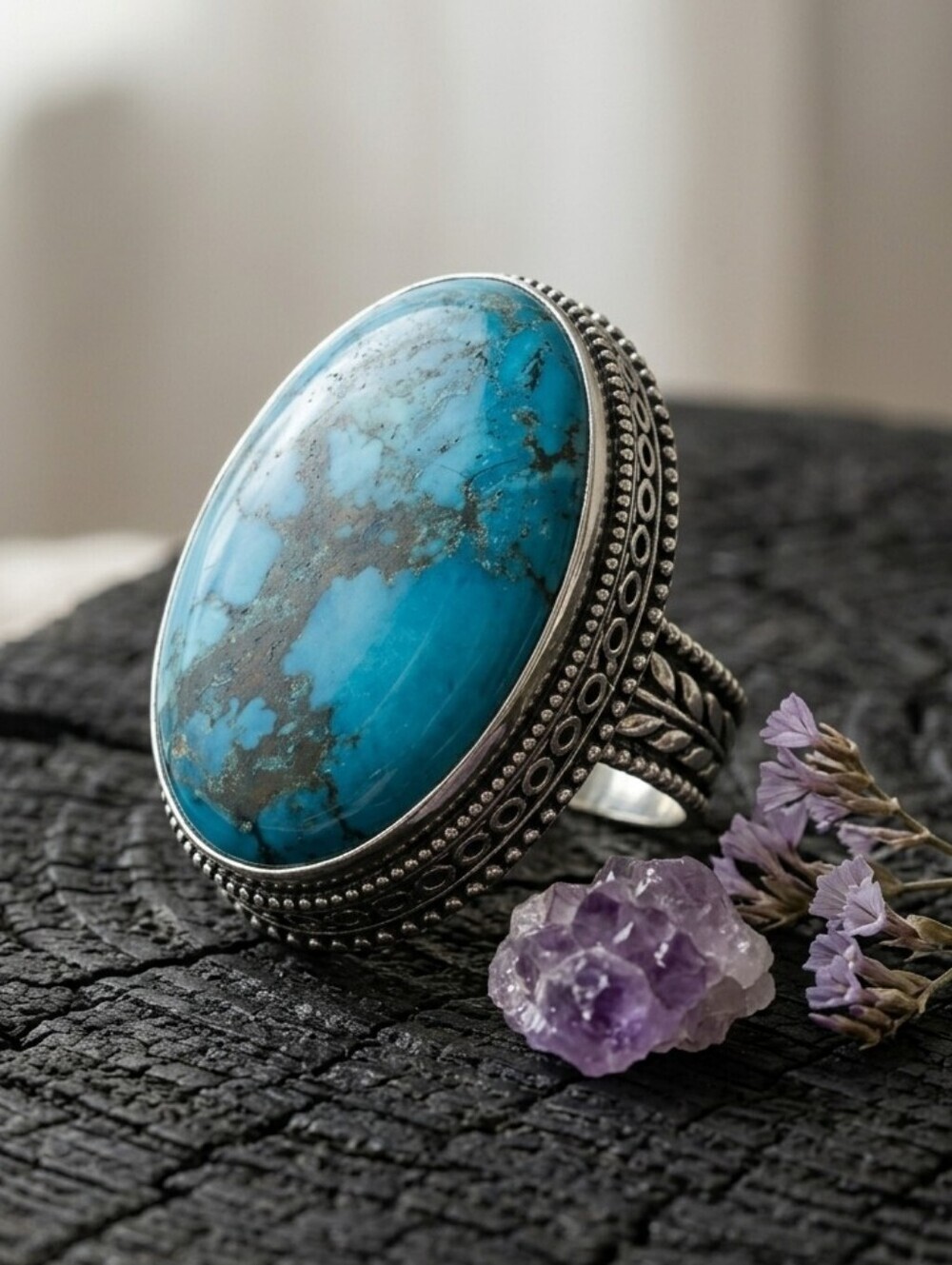 925 Sterling Silver Genuine Turquoise Large Oval Cabochon Western Ring Size 8.5